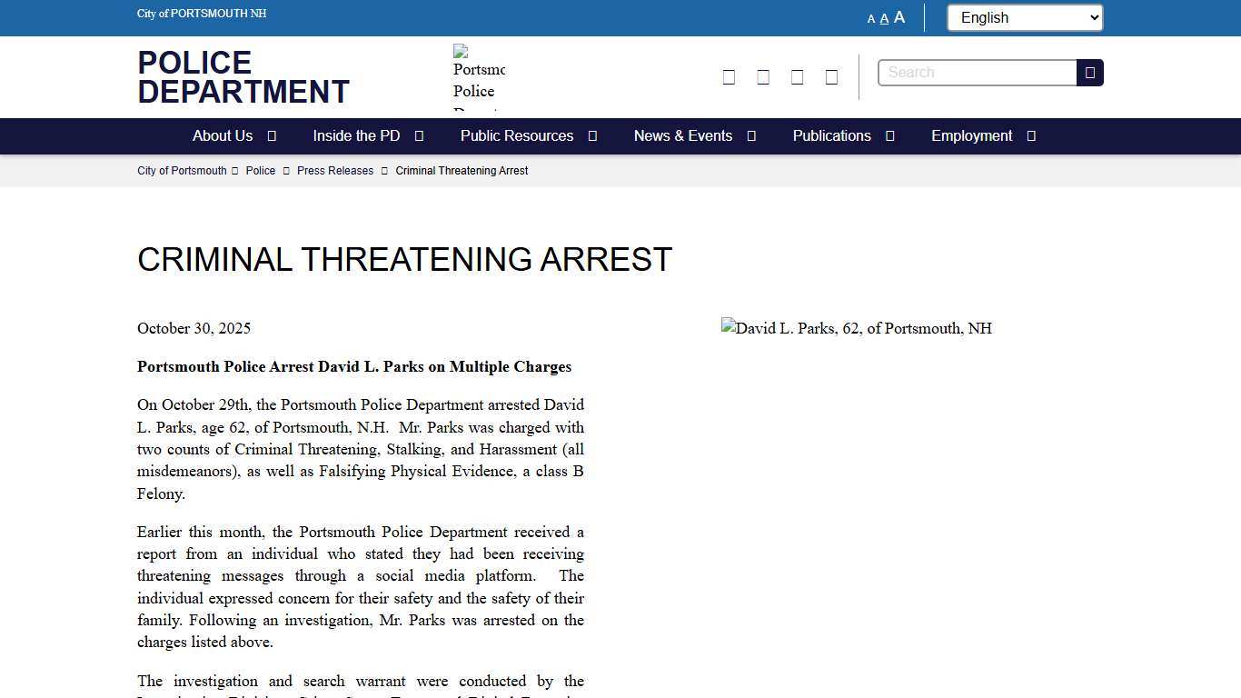 Criminal Threatening Arrest City of Portsmouth