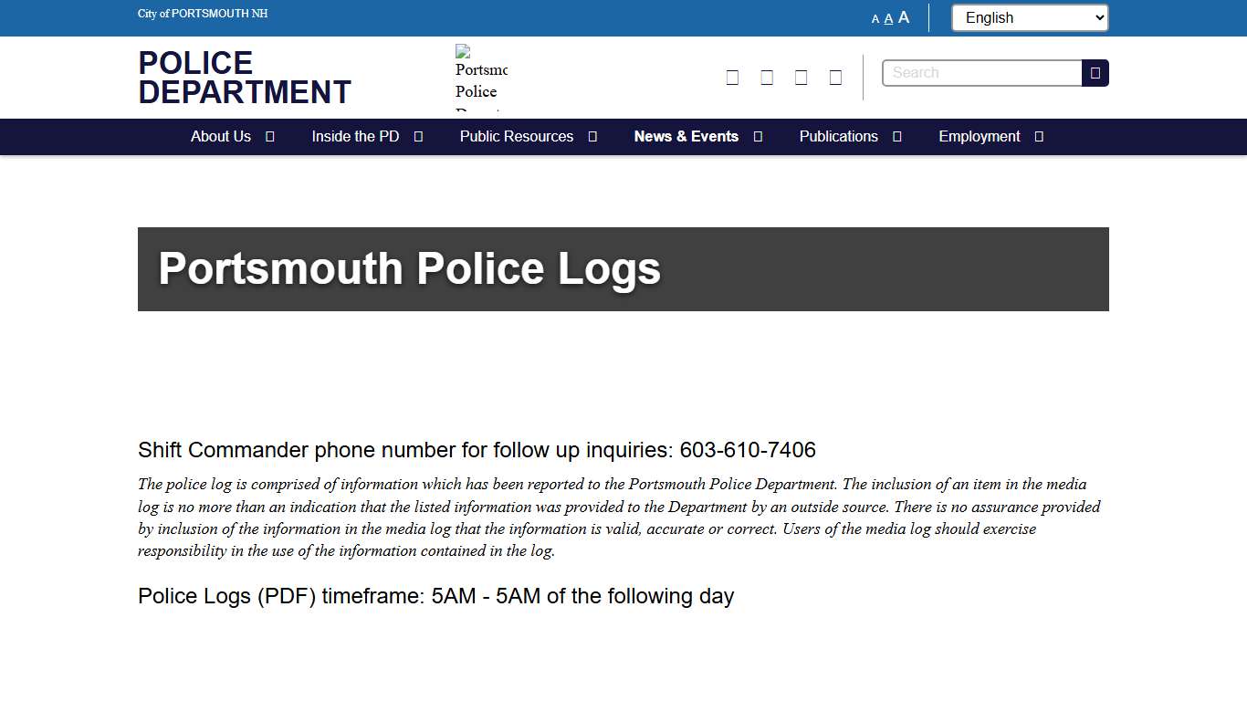 Police Logs City of Portsmouth